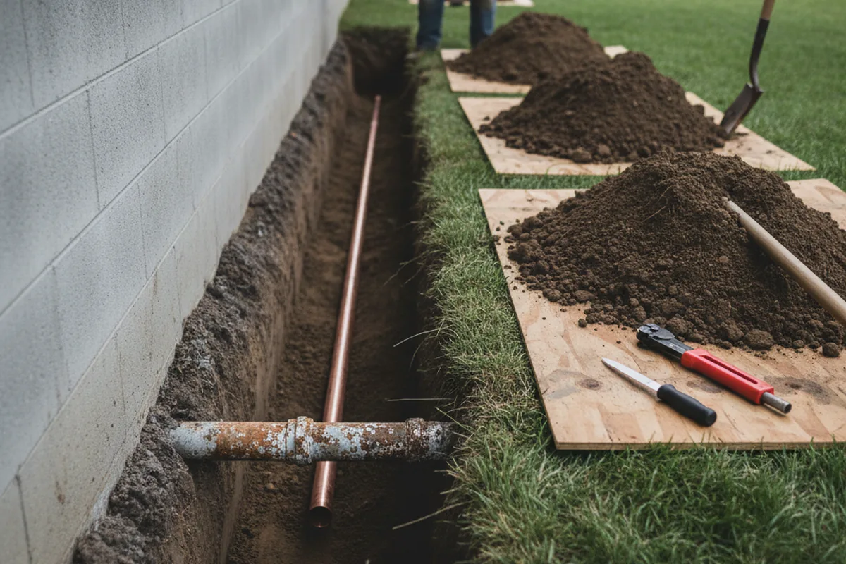 Excavated water line trench during Water Heater Repair in Belle